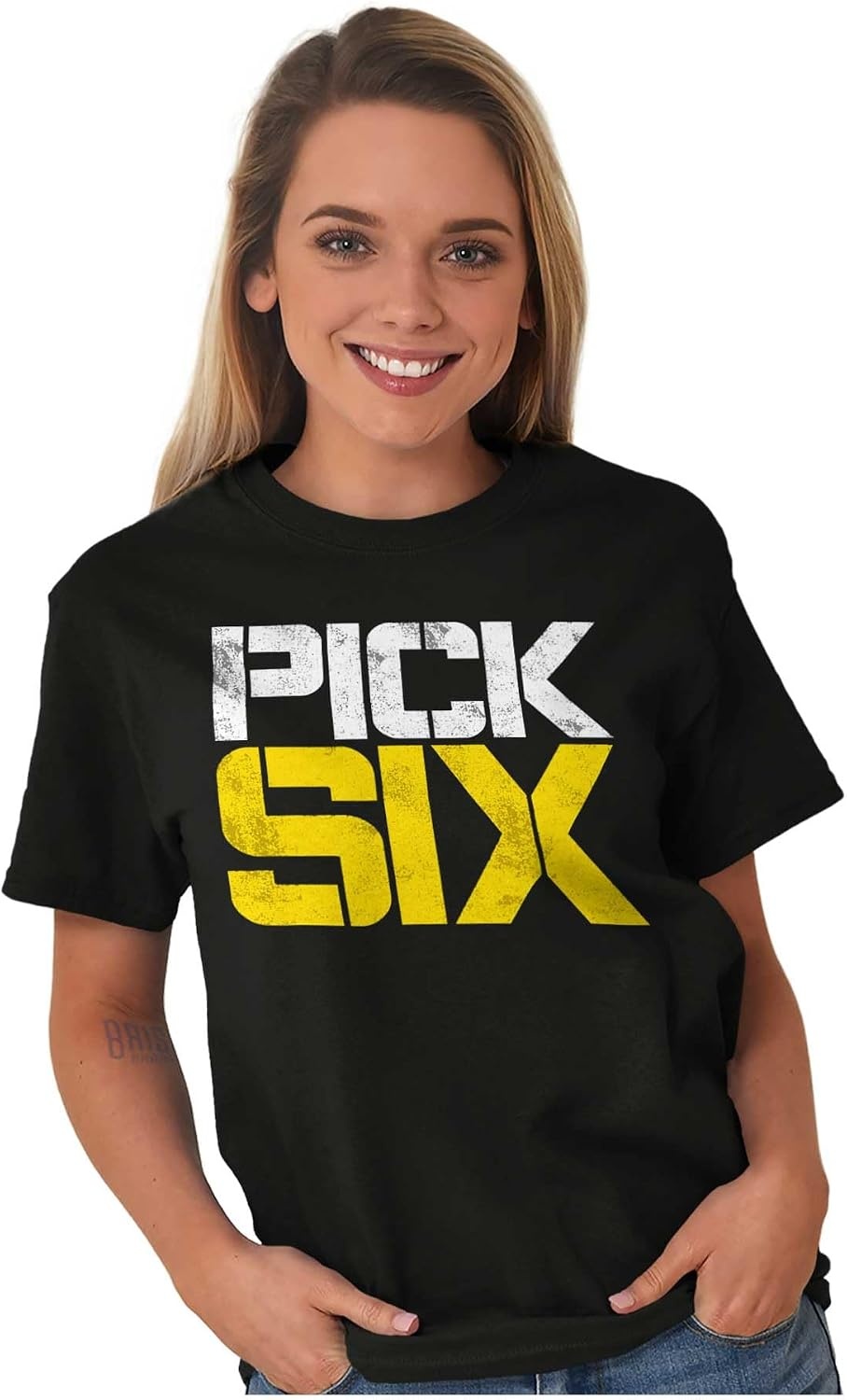 image:imageBrisco Brands Football Pick Six Sports Athlete Graphic T Shirt Men or WomenBlack