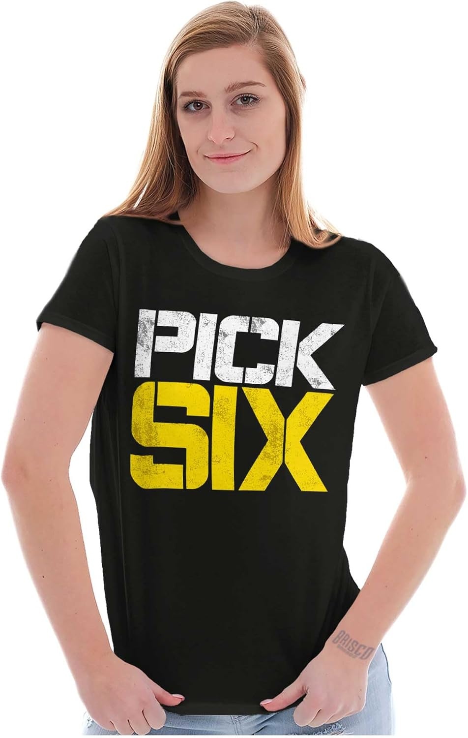 image:imageBrisco Brands Football Pick Six Sports Athlete Womens Slim Fit Graphic TeeBlack