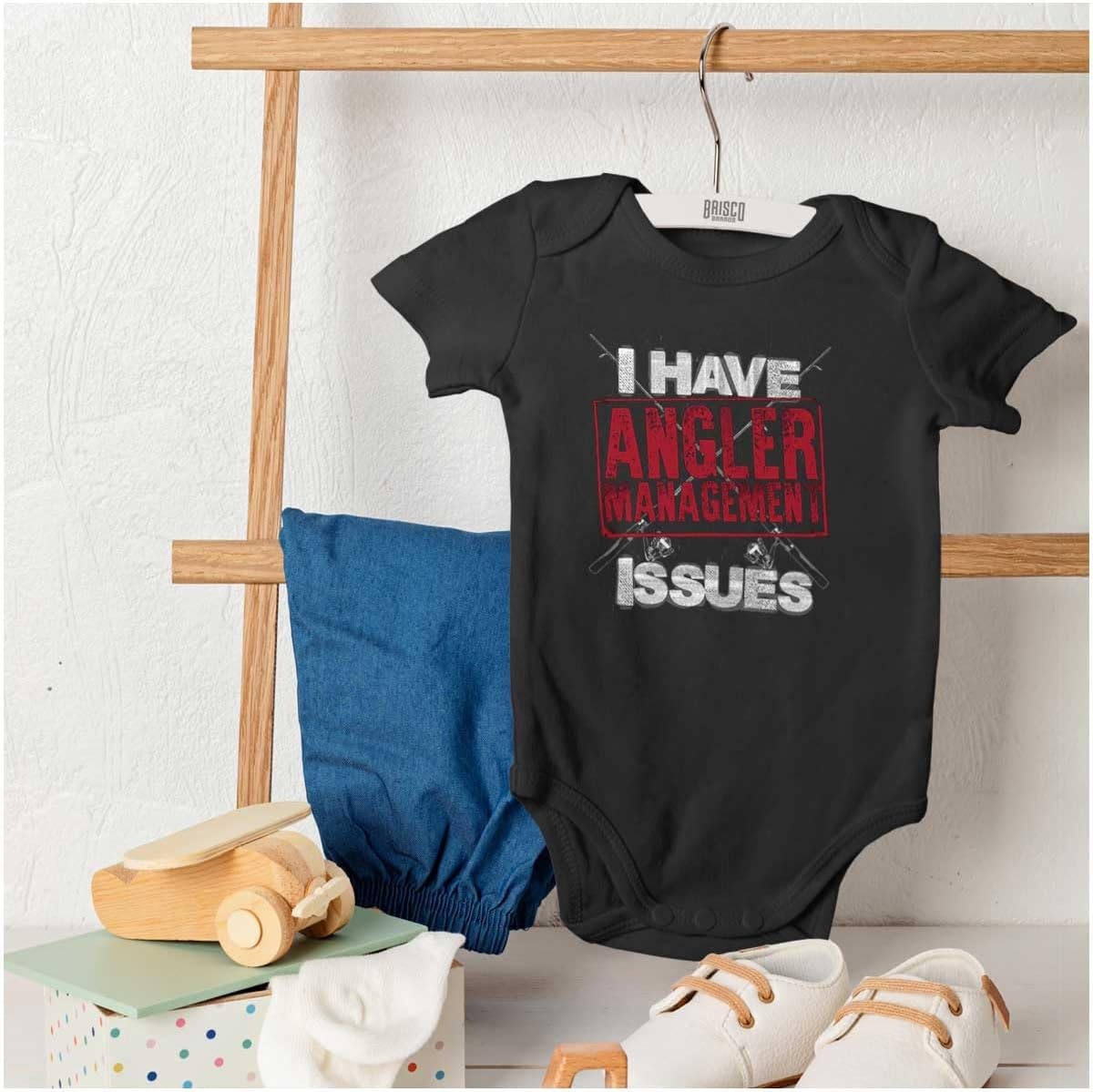 image:imageBrisco Brands Funny Angler Management Issues Joke Baby Romper Boys or GirlsBlack