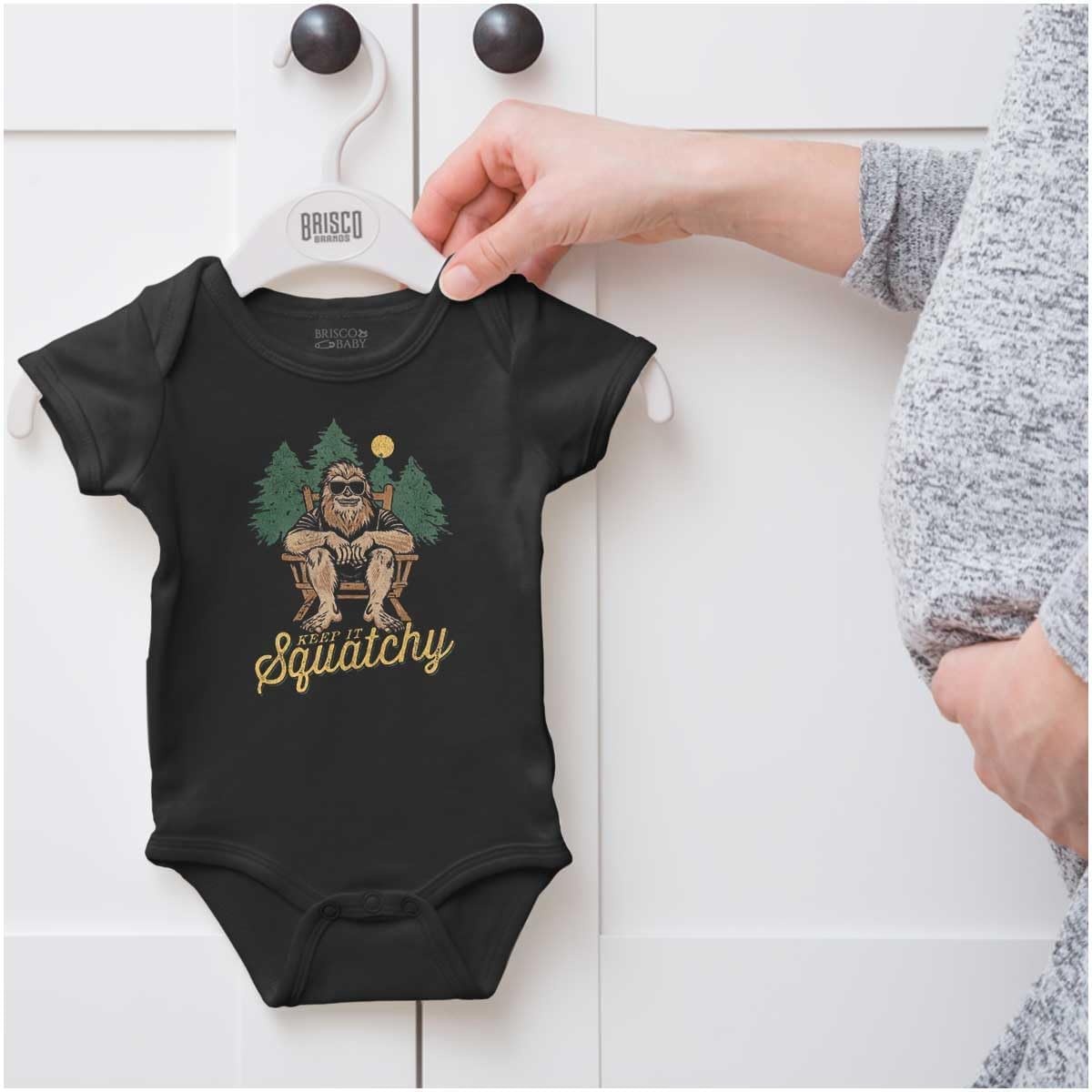 image:imageBrisco Brands Funny Bigfoot Keep It Squatchy Baby Romper Boys or GirlsBlack
