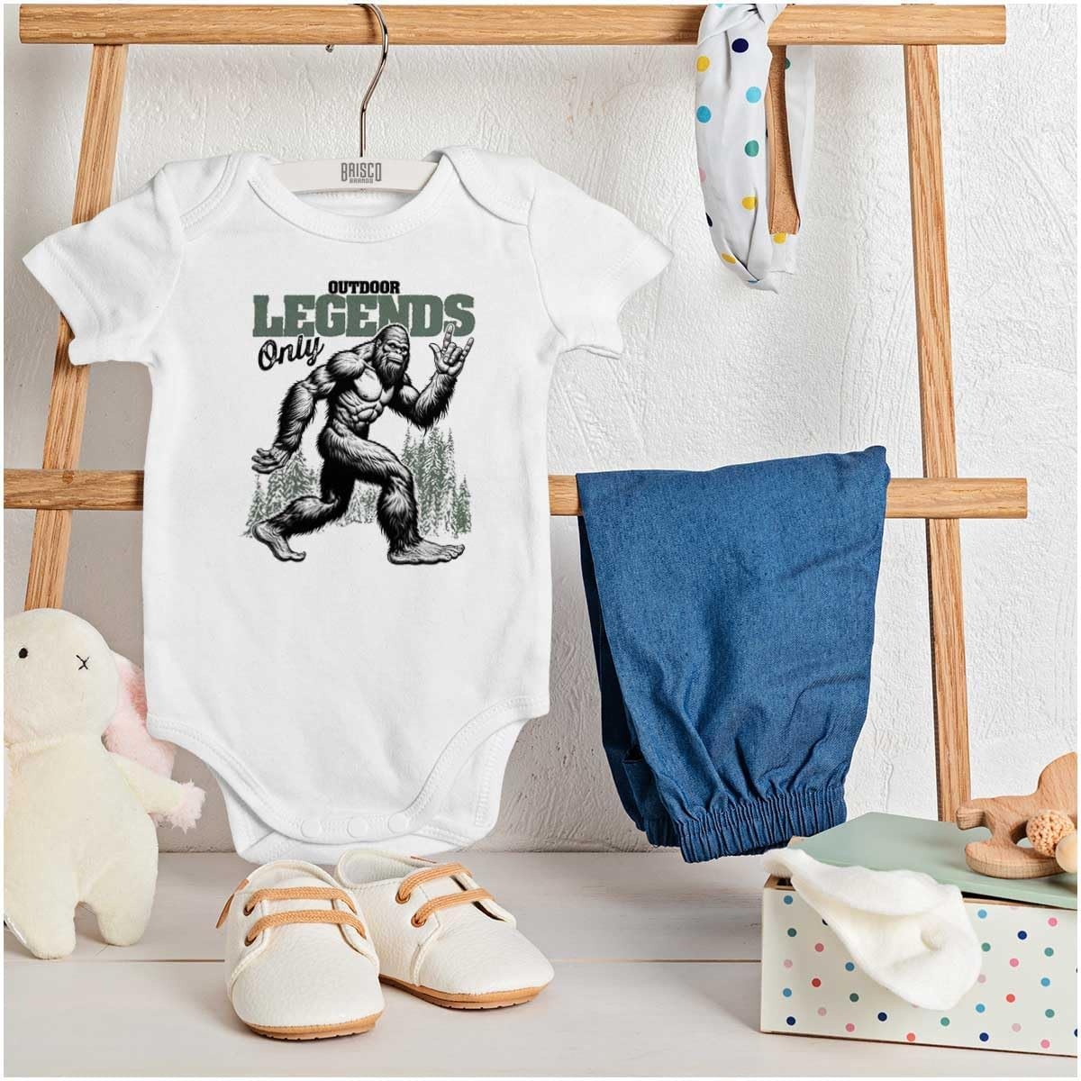 image:imageBrisco Brands Funny Bigfoot Outdoor Legends Only Baby Bodysuit Jumper BoysWhite