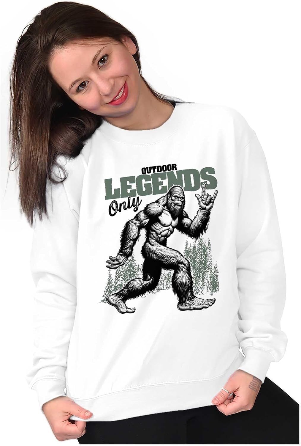image:imageBrisco Brands Funny Bigfoot Outdoor Legends Only Mens Crewneck SweatshirtWhite