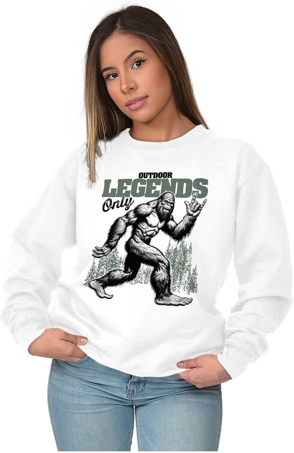 image:imageBrisco Brands Funny Bigfoot Outdoor Legends Only Mens Crewneck SweatshirtWhite
