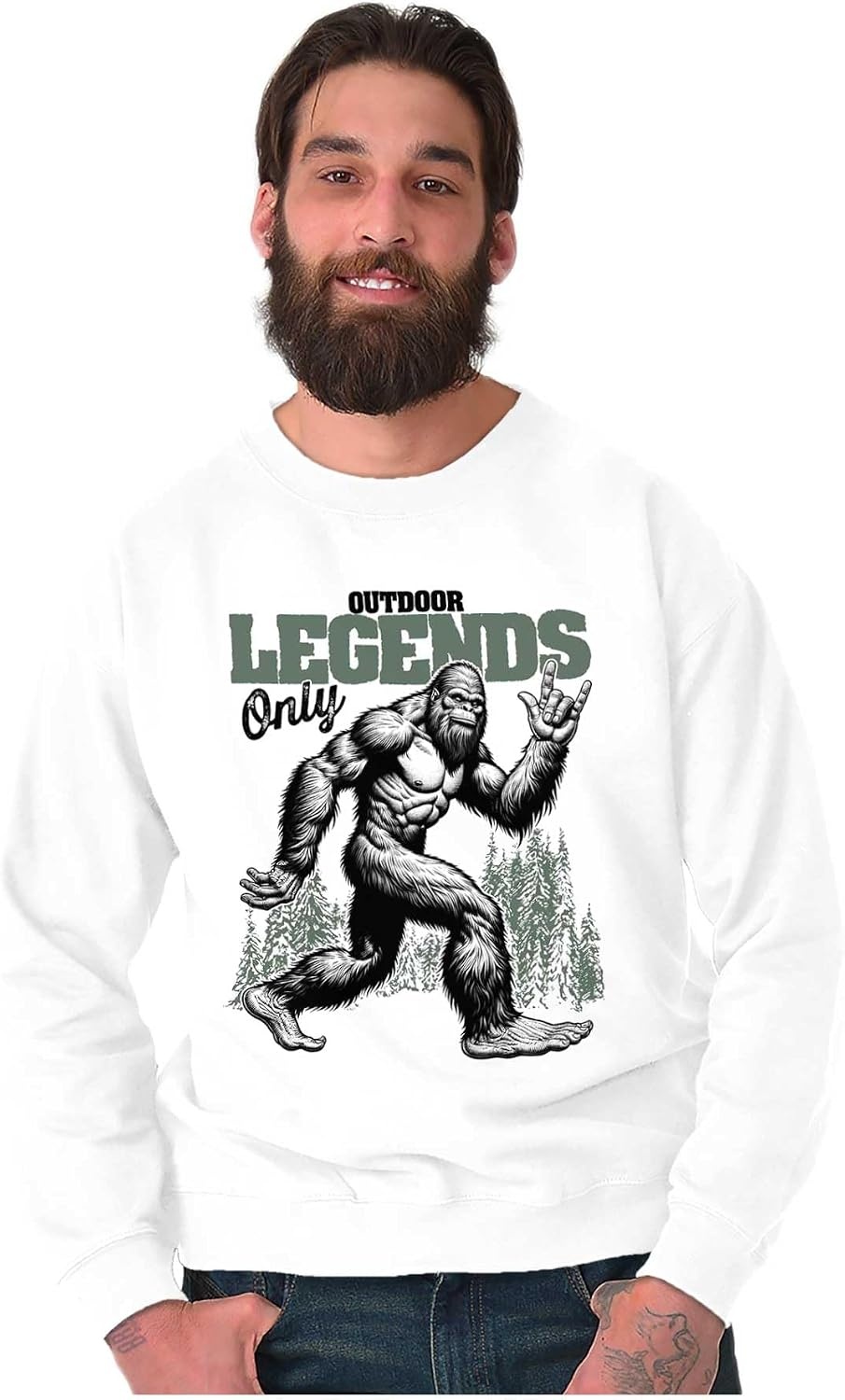 image:imageBrisco Brands Funny Bigfoot Outdoor Legends Only Mens Crewneck SweatshirtWhite