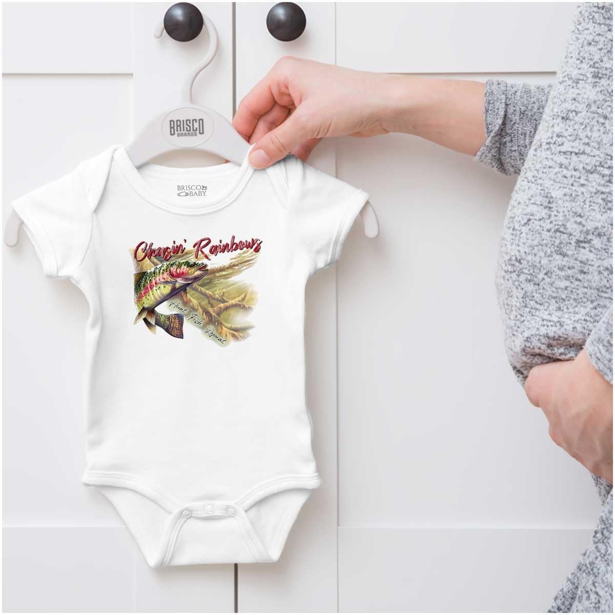 image:imageBrisco Brands Funny Fishing Chasin Rainbows Pun Baby Romper Boys or GirlsWhite