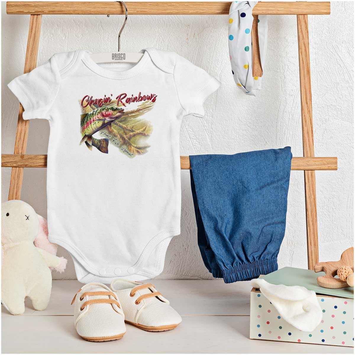 image:imageBrisco Brands Funny Fishing Chasin Rainbows Pun Baby Romper Boys or GirlsWhite