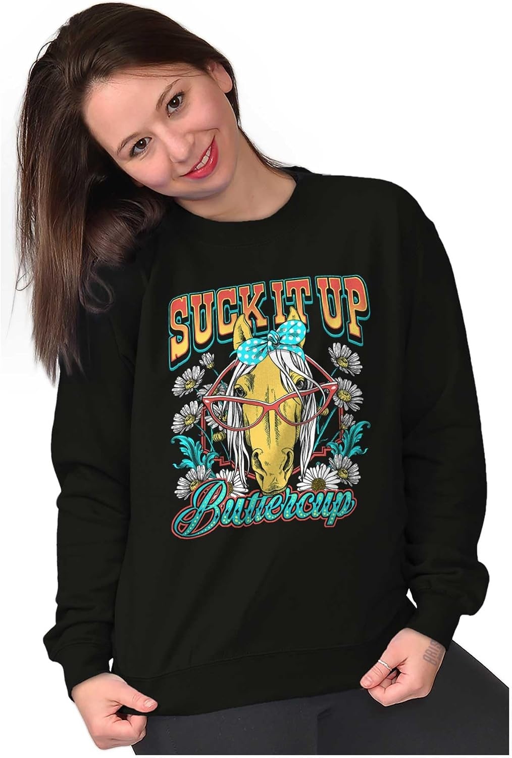 image:imageBrisco Brands Funny Horse Suck It up Buttercup Women Crewneck SweatshirtBlack