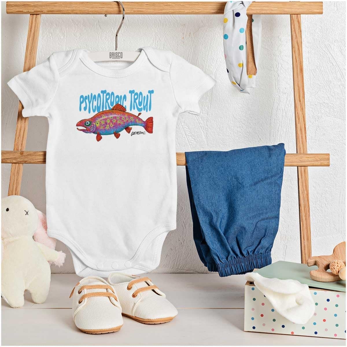 image:imageBrisco Brands Gill McFinns Psychotropic Trout Baby Romper Boys or GirlsWhite
