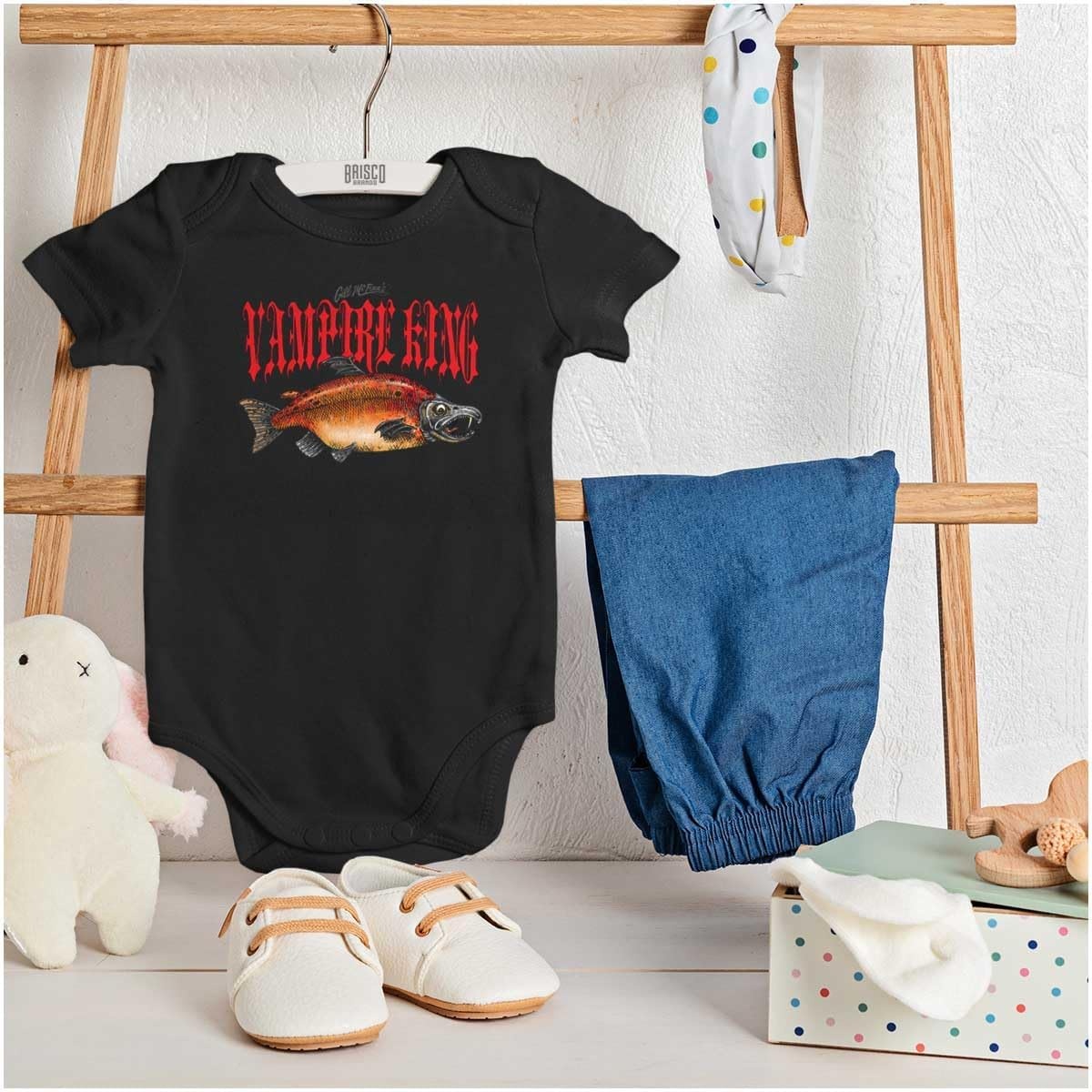 image:imageBrisco Brands Gill McFinns Vampire King Fish Baby Romper Boys or GirlsBlack
