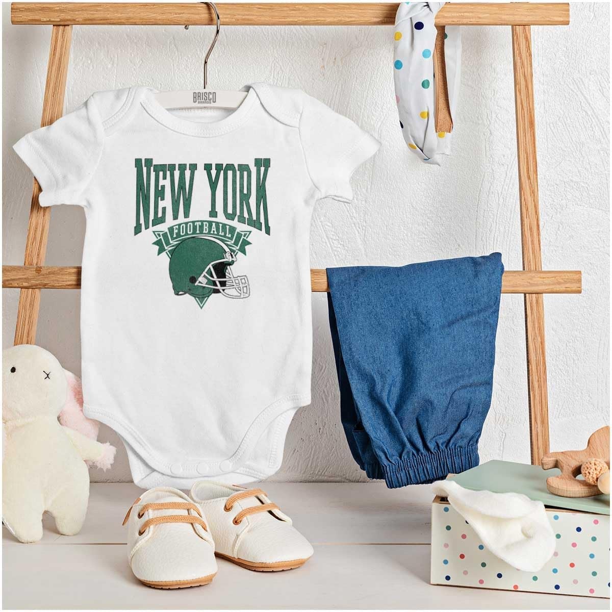image:imageBrisco Brands Hometown Football Team Fan Helmet Baby Romper Boys or GirlsWhite New York