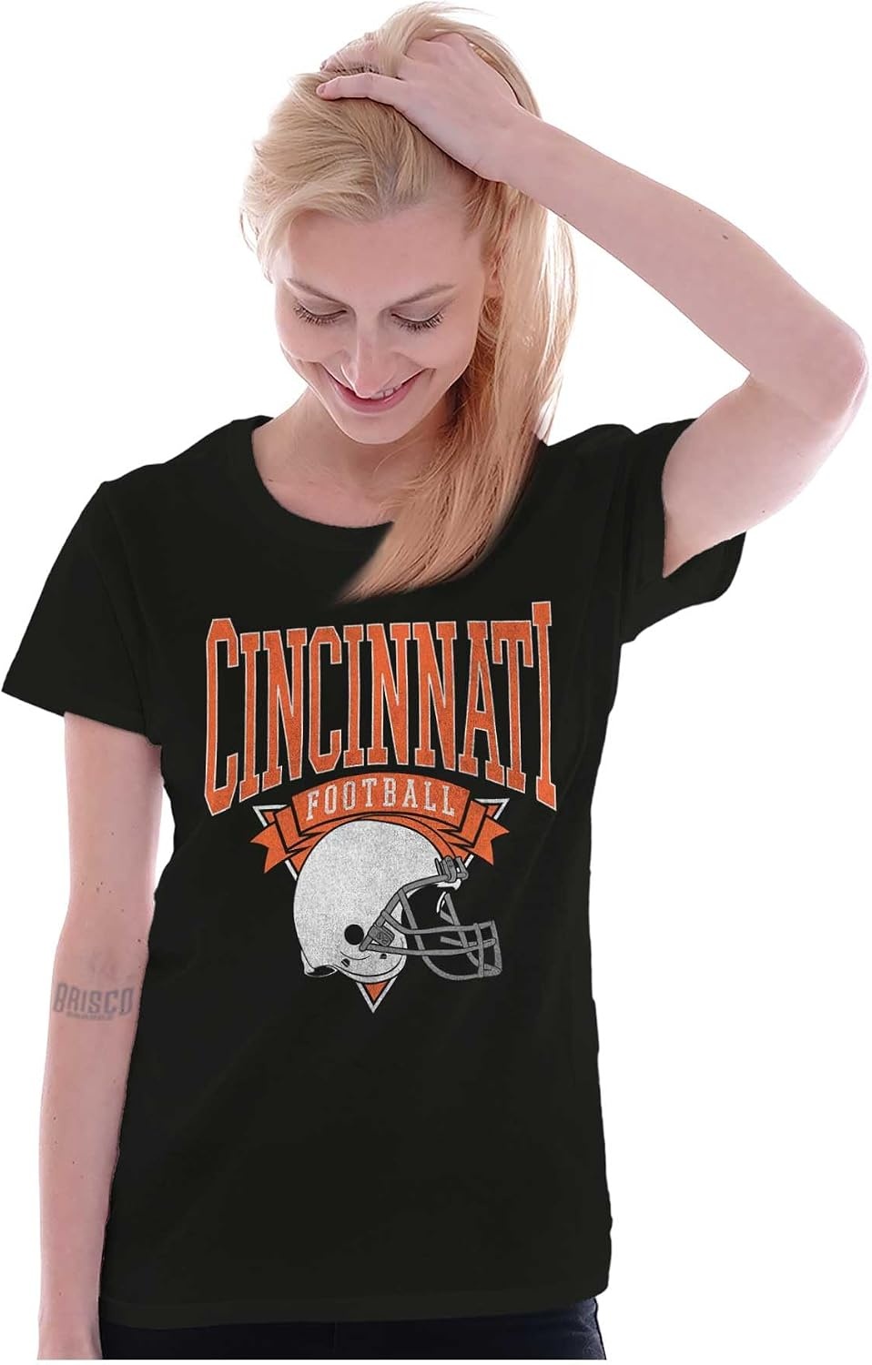 image:imageBrisco Brands Hometown Football Team Fan Helmet Womens Slim Fit Graphic TeeBlack Cincinnati