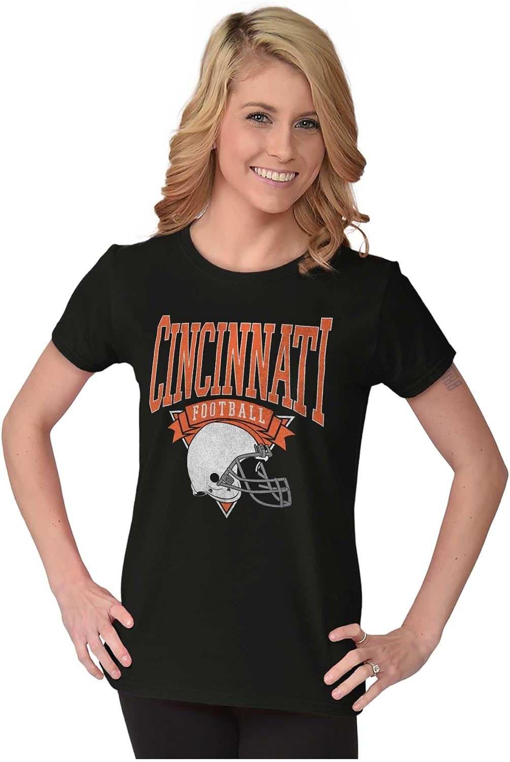 image:imageBrisco Brands Hometown Football Team Fan Helmet Womens Slim Fit Graphic TeeBlack Cincinnati