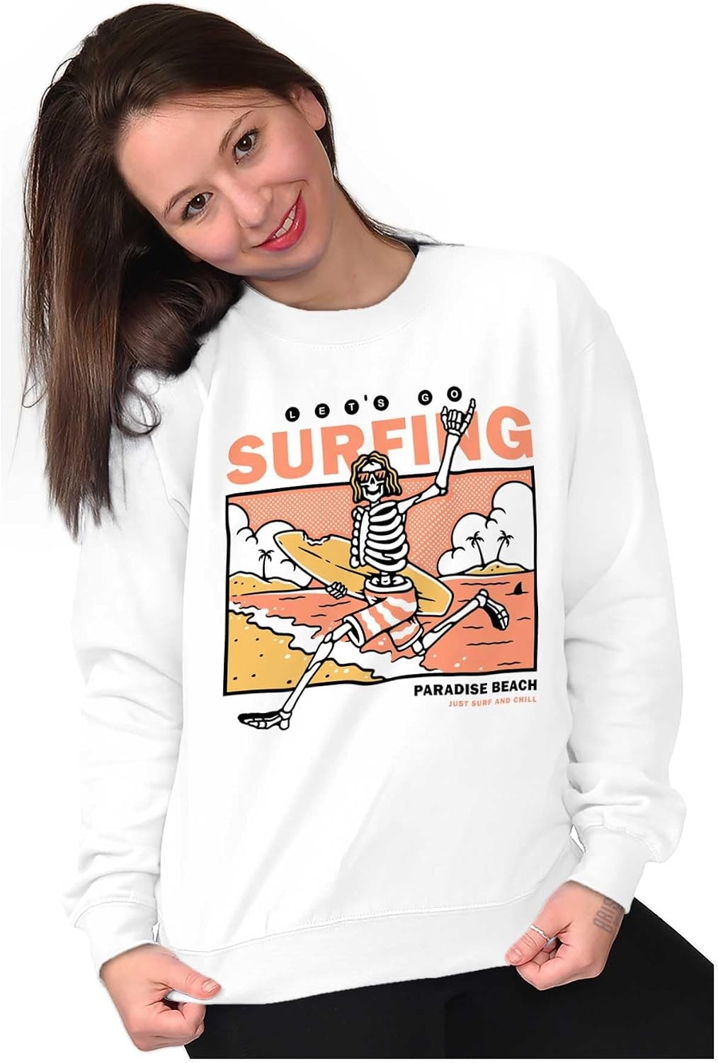 image:imageBrisco Brands Lets Go Surfing Skeleton Beach Sweatshirt for Men or WomenWhite