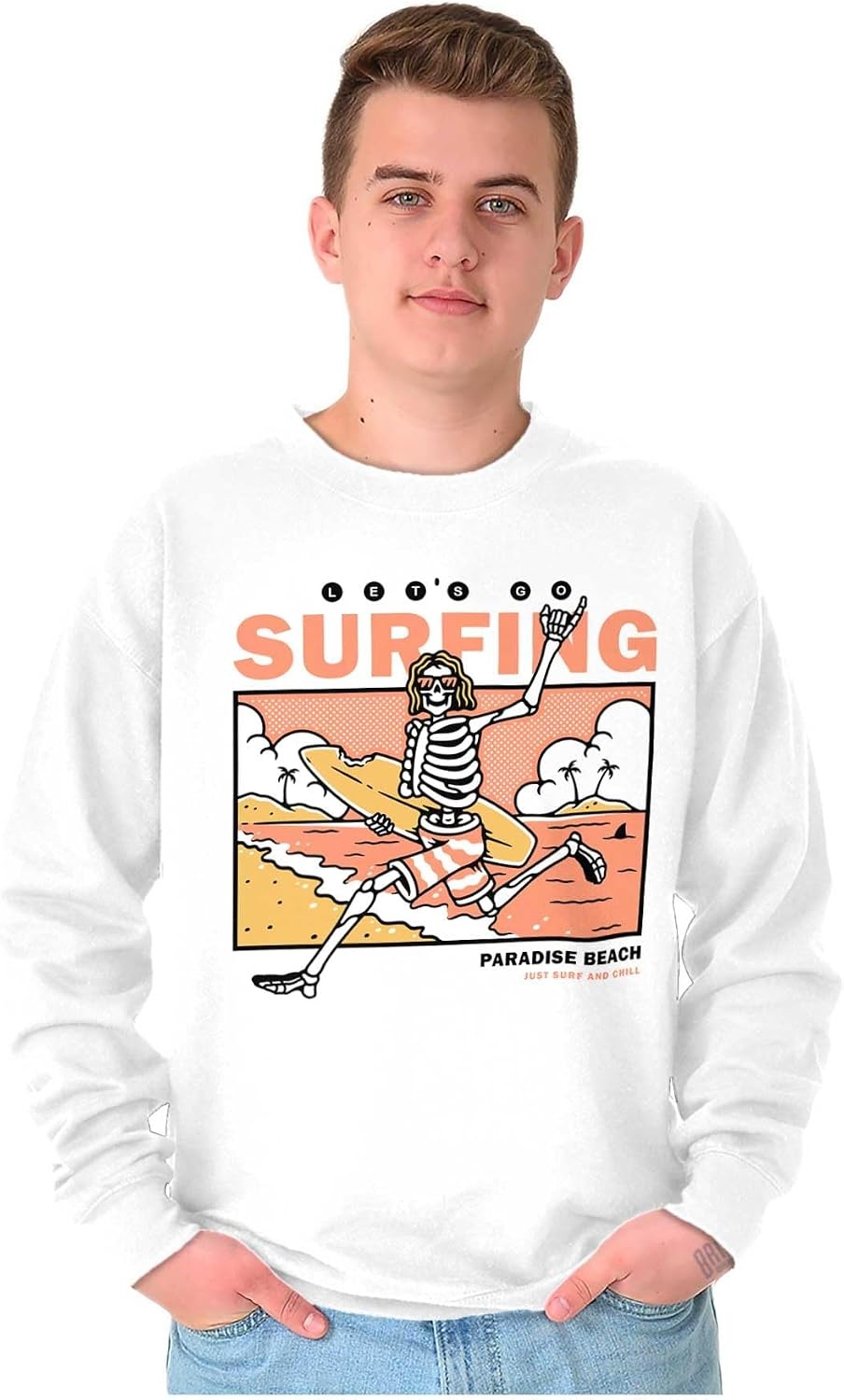 image:imageBrisco Brands Lets Go Surfing Skeleton Beach Sweatshirt for Men or WomenWhite