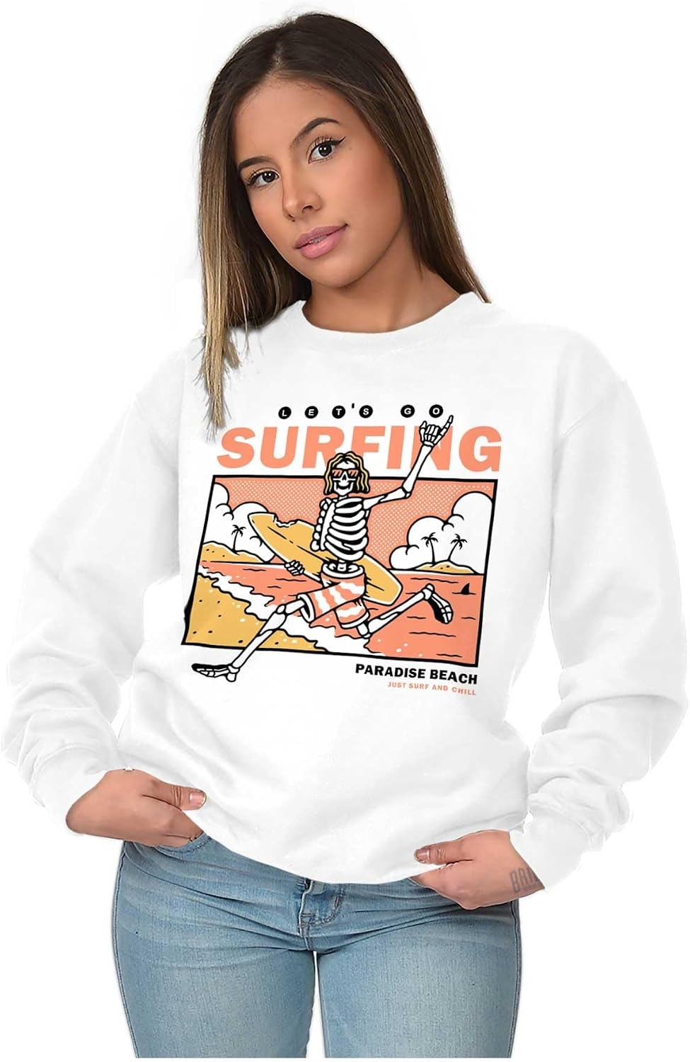 image:imageBrisco Brands Lets Go Surfing Skeleton Beach Sweatshirt for Men or WomenWhite