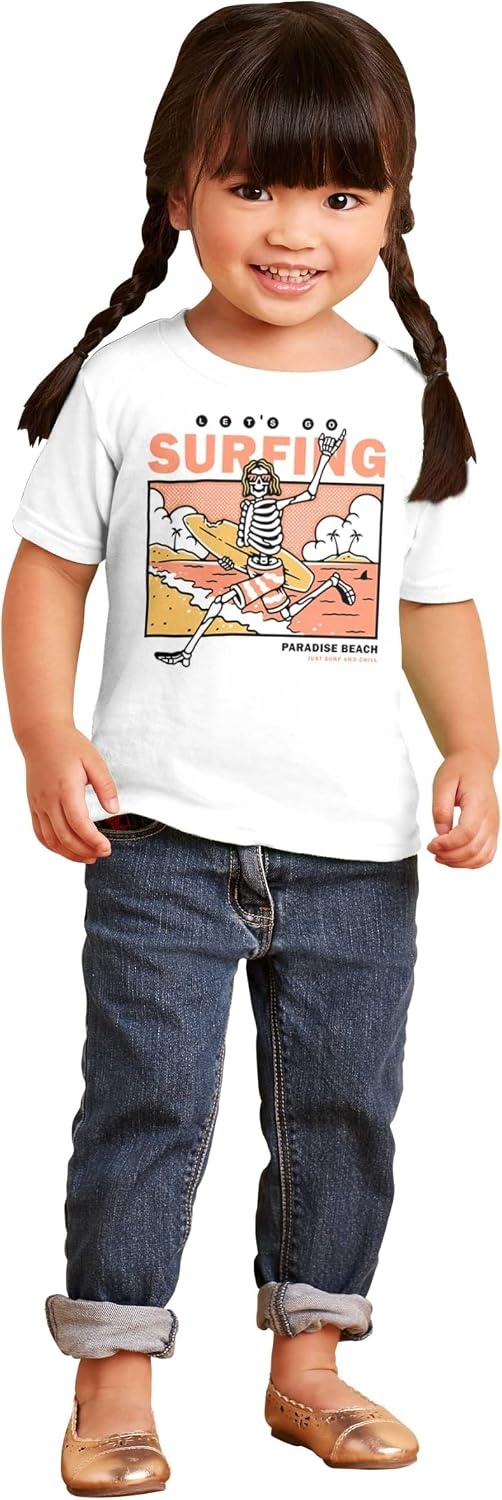 image:imageBrisco Brands Lets Go Surfing Skeleton Beach Toddler Baby Graphic T ShirtWhite