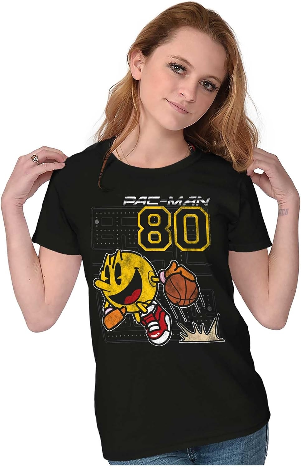 image:imageBrisco Brands Pacman Basketball Player Dribble Womens Slim Fit Graphic TeeBlack