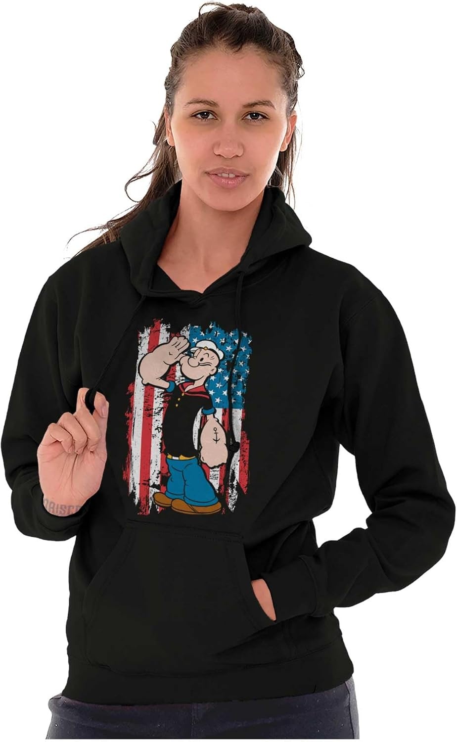 image:imageBrisco Brands Patriotic Popeye Salute America Hoodie Sweatshirt Women MenBlack