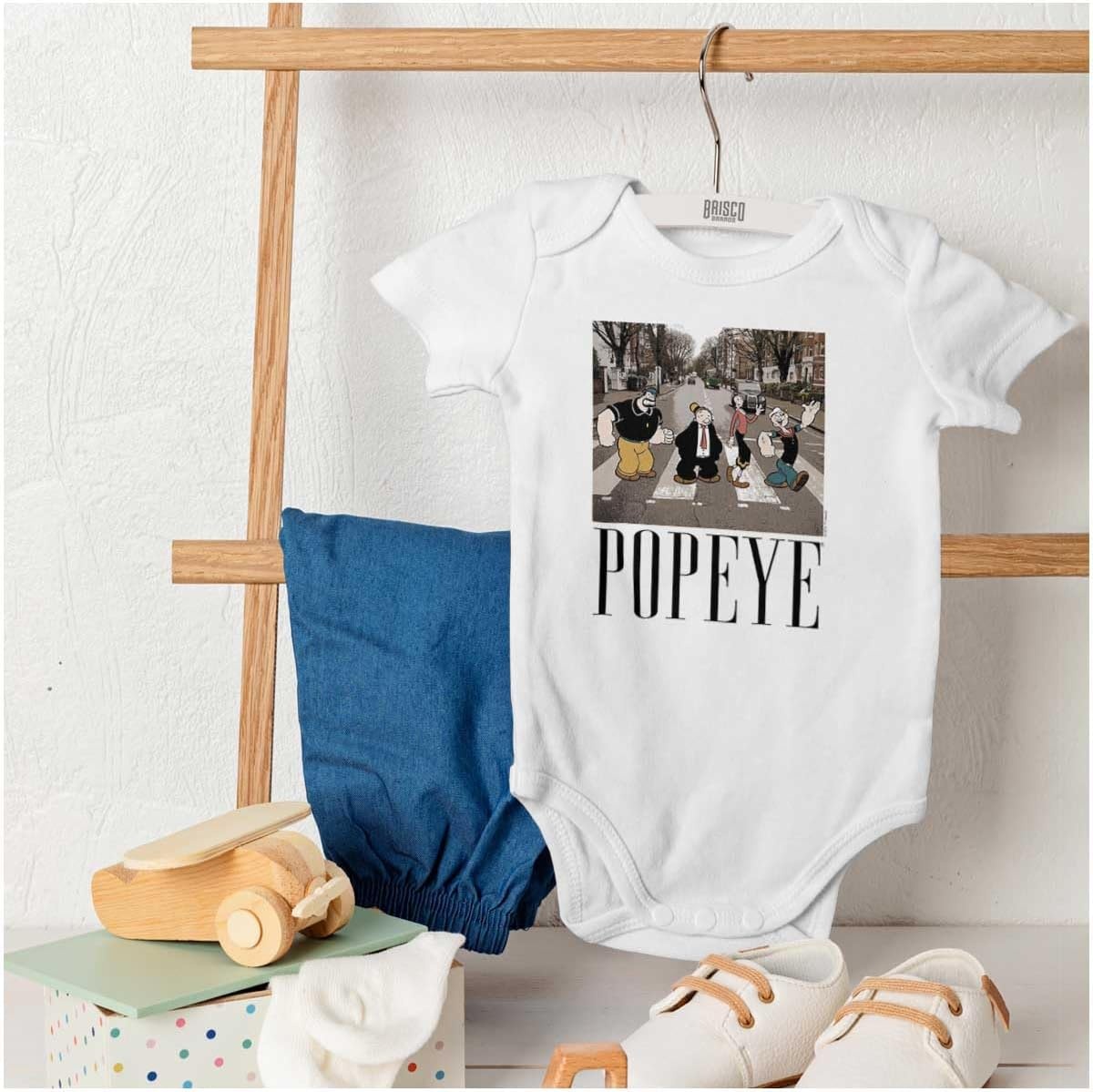 image:imageBrisco Brands Popeye Crosswalk Music Album Cover Baby Romper Boys or GirlsWhite