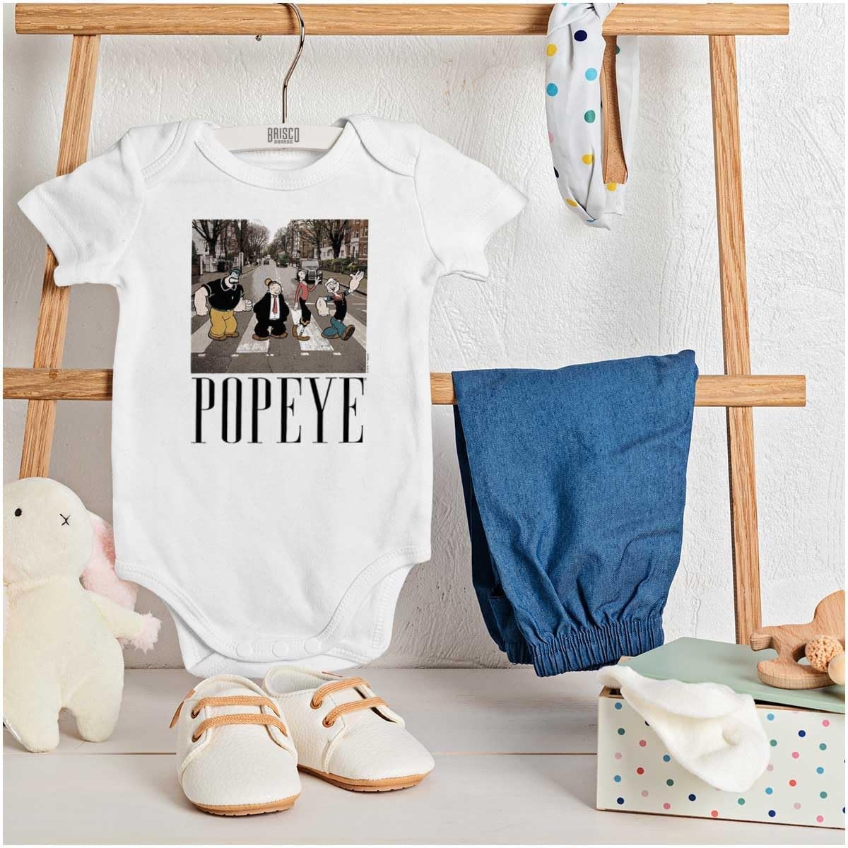 image:imageBrisco Brands Popeye Crosswalk Music Album Cover Baby Romper Boys or GirlsWhite