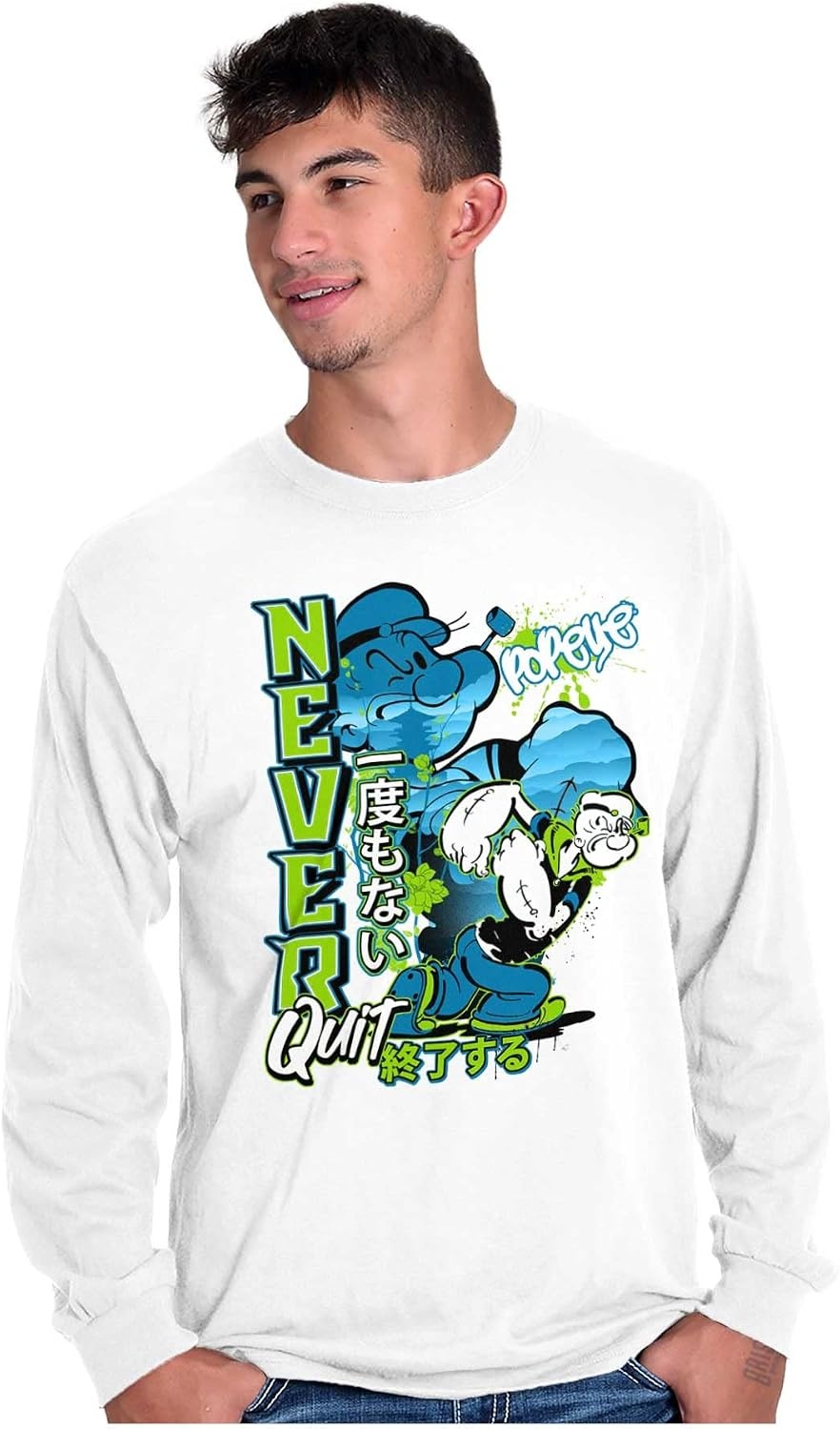 image:imageBrisco Brands Popeye Never Quits Asian Inspired Mens Long Sleeve Tee T ShirtWhite