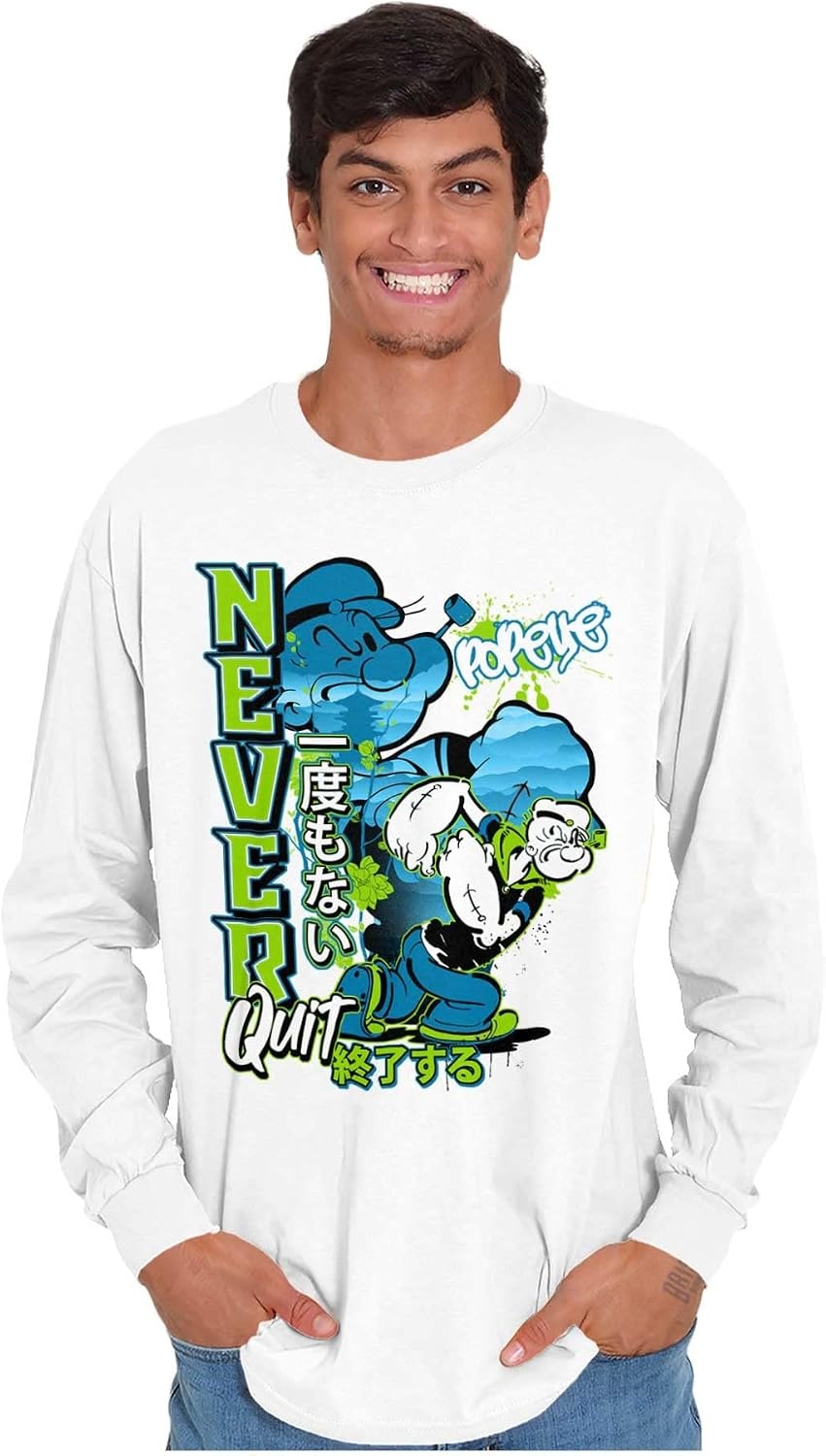 image:imageBrisco Brands Popeye Never Quits Asian Inspired Mens Long Sleeve Tee T ShirtWhite