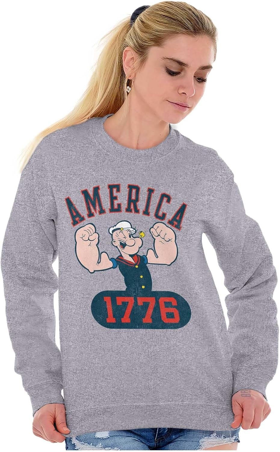 image:imageBrisco Brands Popeye The Sailor Man America 1776 Sweatshirt for Men or WomenSport Grey