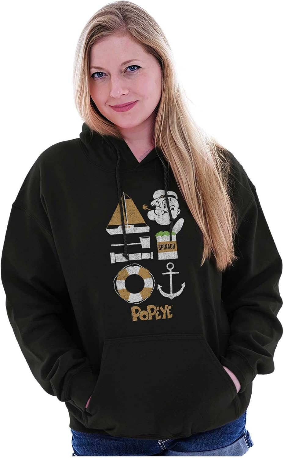 image:imageBrisco Brands Popeye The Sailor Man Sea Captain Hoodie Sweatshirt Women MenBlack