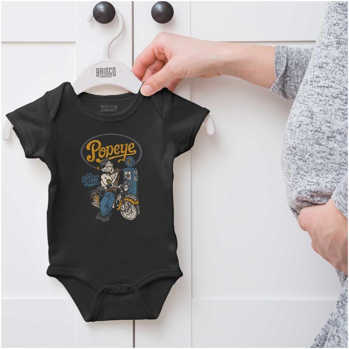 image:imageBrisco Brands Popeye Vintage Motorcycle Biker Baby Romper Boys or GirlsBlack Biker Refuel