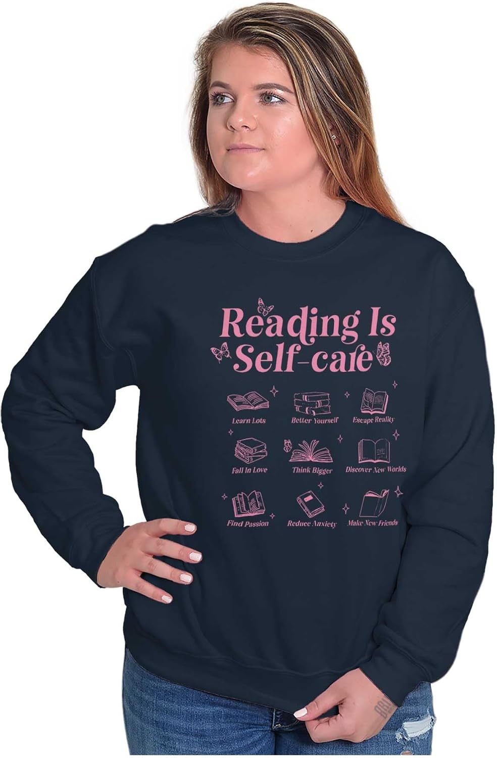 image:imageBrisco Brands Reading Is Self Care Book Lover Women Crewneck SweatshirtNavy