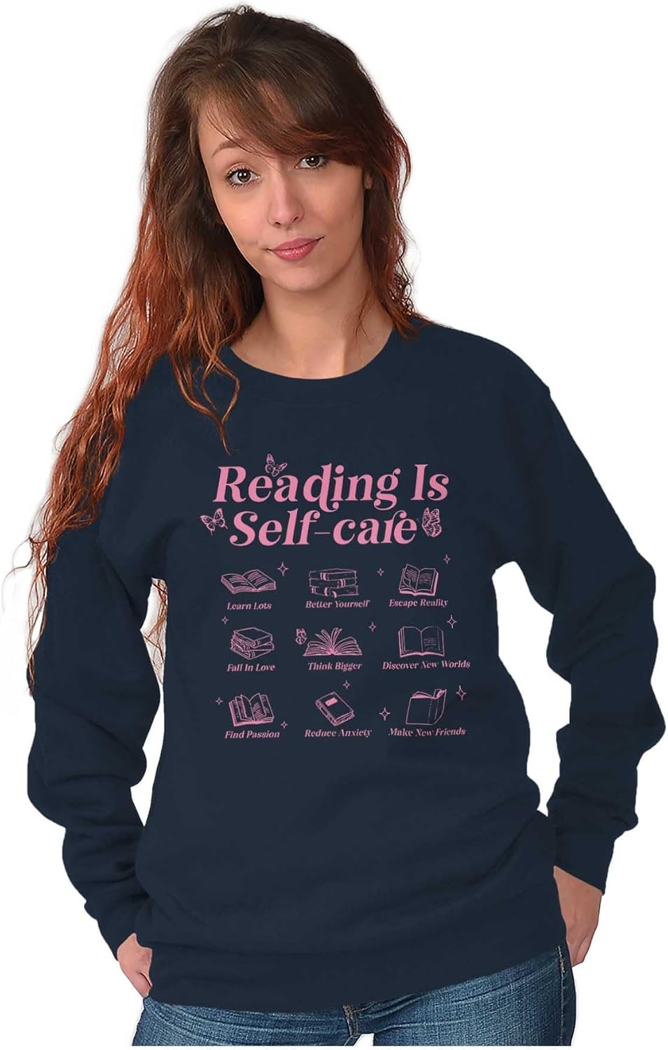image:imageBrisco Brands Reading Is Self Care Book Lover Women Crewneck SweatshirtNavy