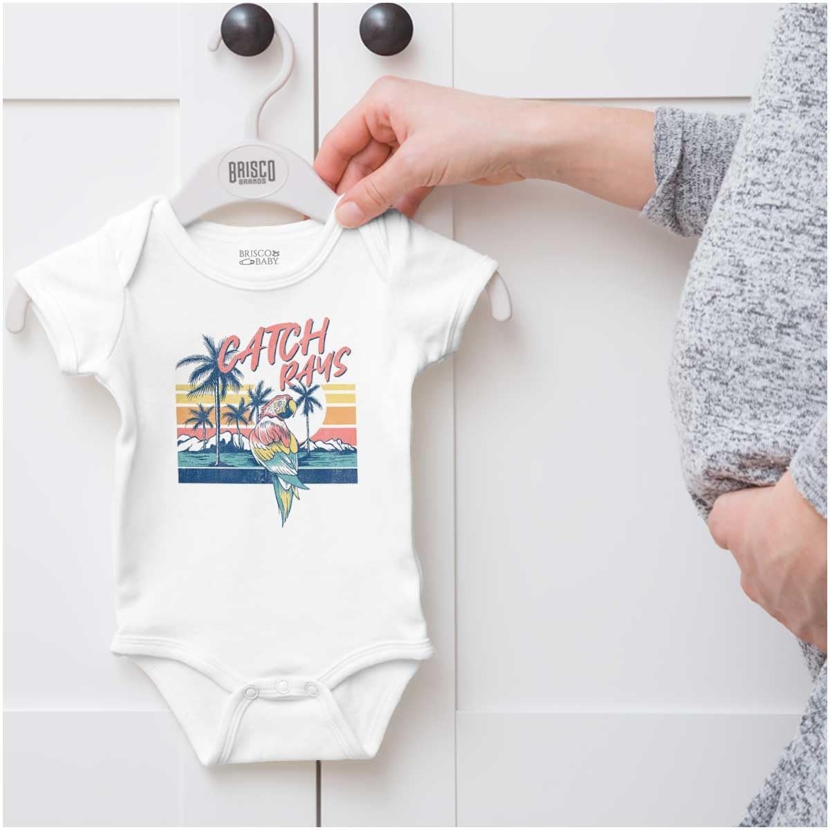 image:imageBrisco Brands Tropical Beach Parrot Catch Rays Baby Romper Boys or GirlsWhite