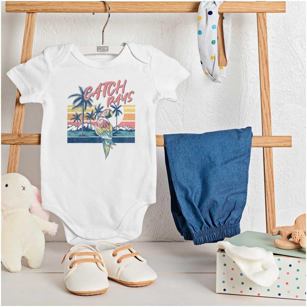 image:imageBrisco Brands Tropical Beach Parrot Catch Rays Baby Romper Boys or GirlsWhite