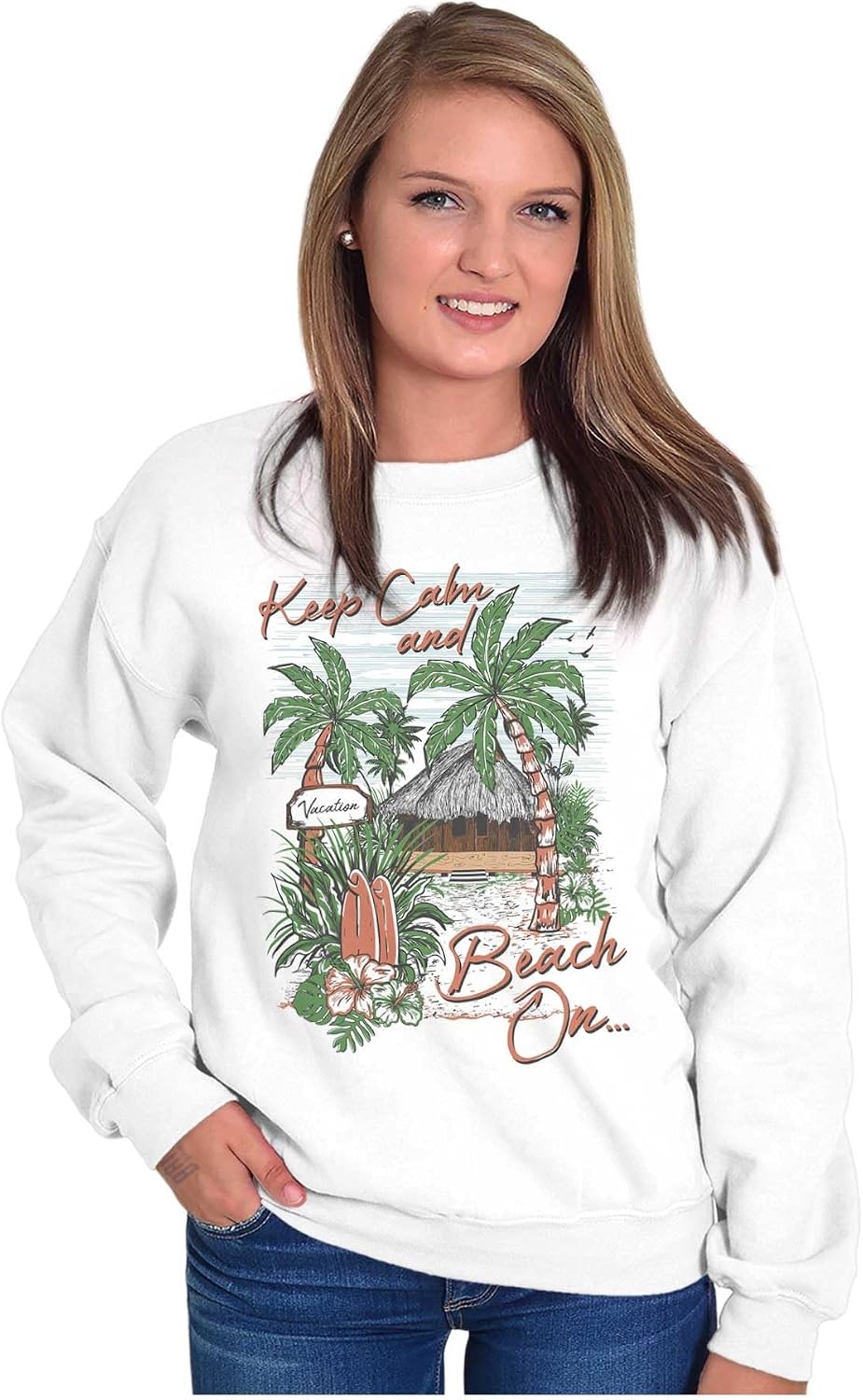 image:imageBrisco Brands Tropical Keep Calm and Beach On Sweatshirt for Men or WomenWhite