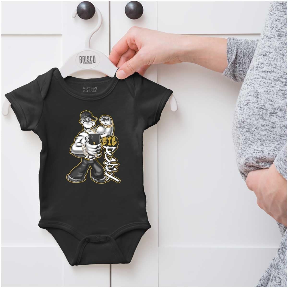 image:imageBrisco Brands Urban Popeye Big Flex Muscle Selfie Baby Romper Boys or GirlsBlack
