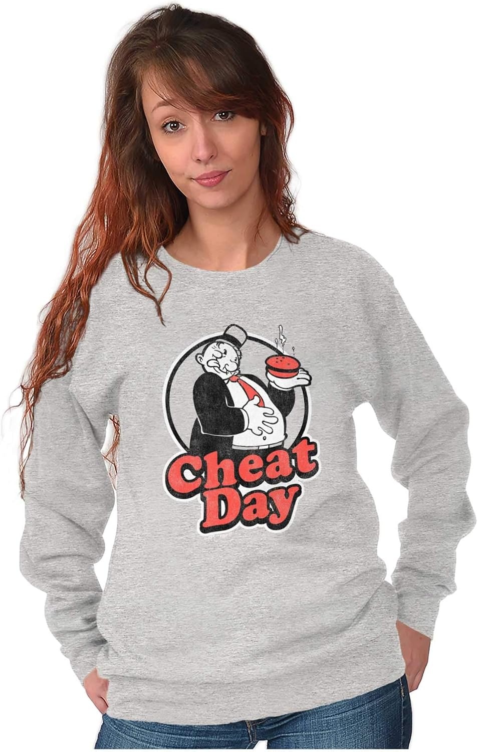 image:imageBrisco Brands Wimpy Cheat Day Popeye Sailor Man Sweatshirt for Men or WomenSport Grey
