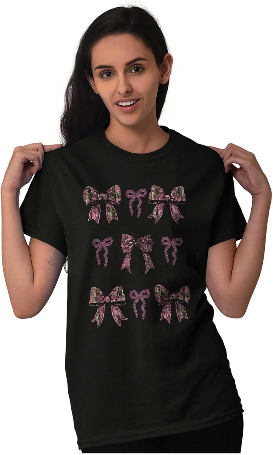 image:imageCute Girly Hunter Camouflage Bows Womens Graphic T Shirt TeesBlack Bows Grid