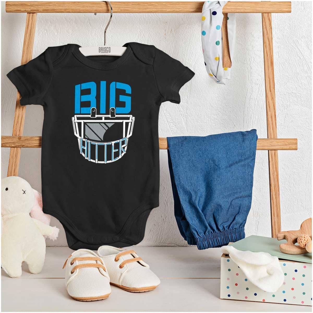 image:imageFootball Helmet Big Hitter Sports Fan Baby Romper Boys or GirlsBlack