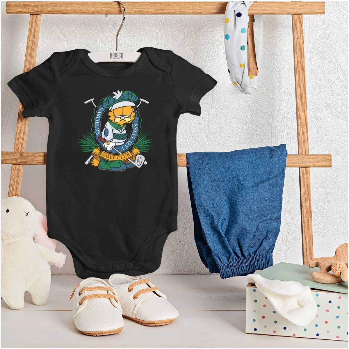 image:imageGarfield Lazy Links Golf Club Cartoon Baby Romper Boys or GirlsBlack