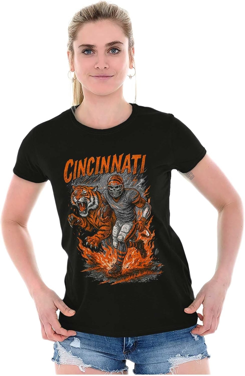 image:imageHome Team Skeleton Football Player Womens Slim Fit Graphic TeeBlack Cincinnati