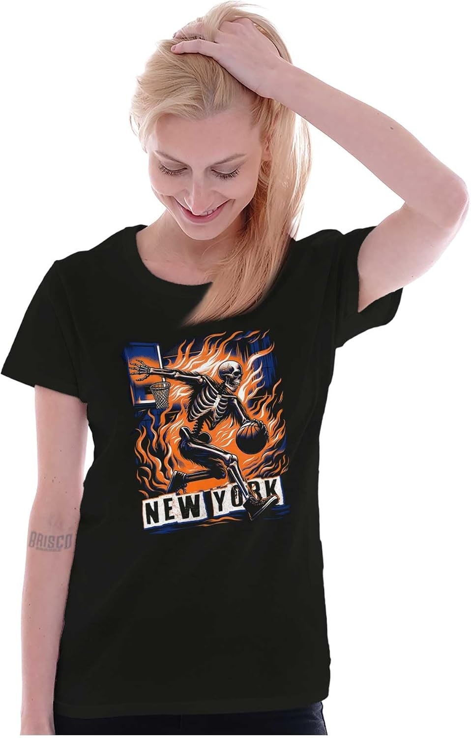 image:imageHome Town Skeleton Basketball Player Womens Slim Fit Graphic TeeBlack New York