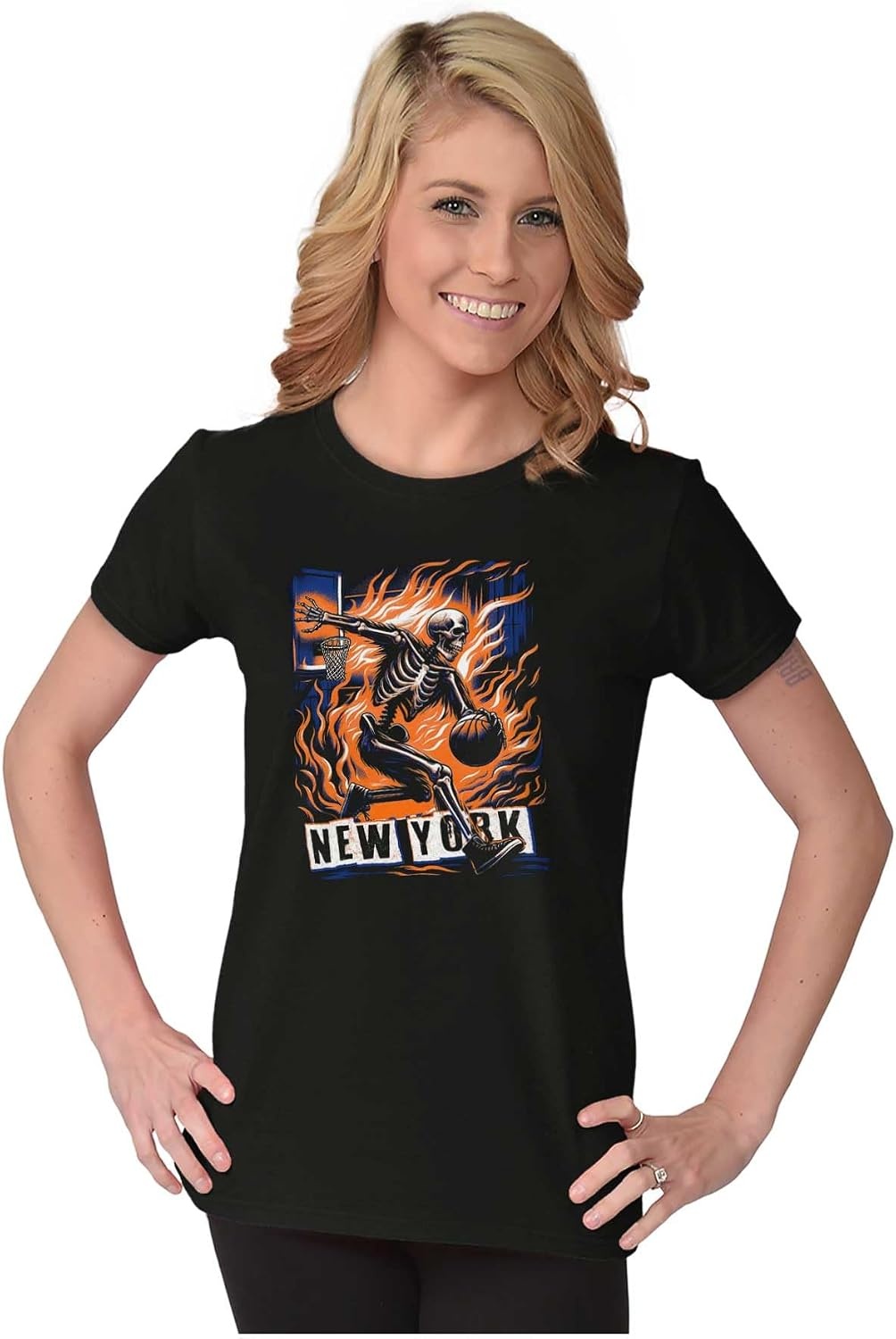 image:imageHome Town Skeleton Basketball Player Womens Slim Fit Graphic TeeBlack New York
