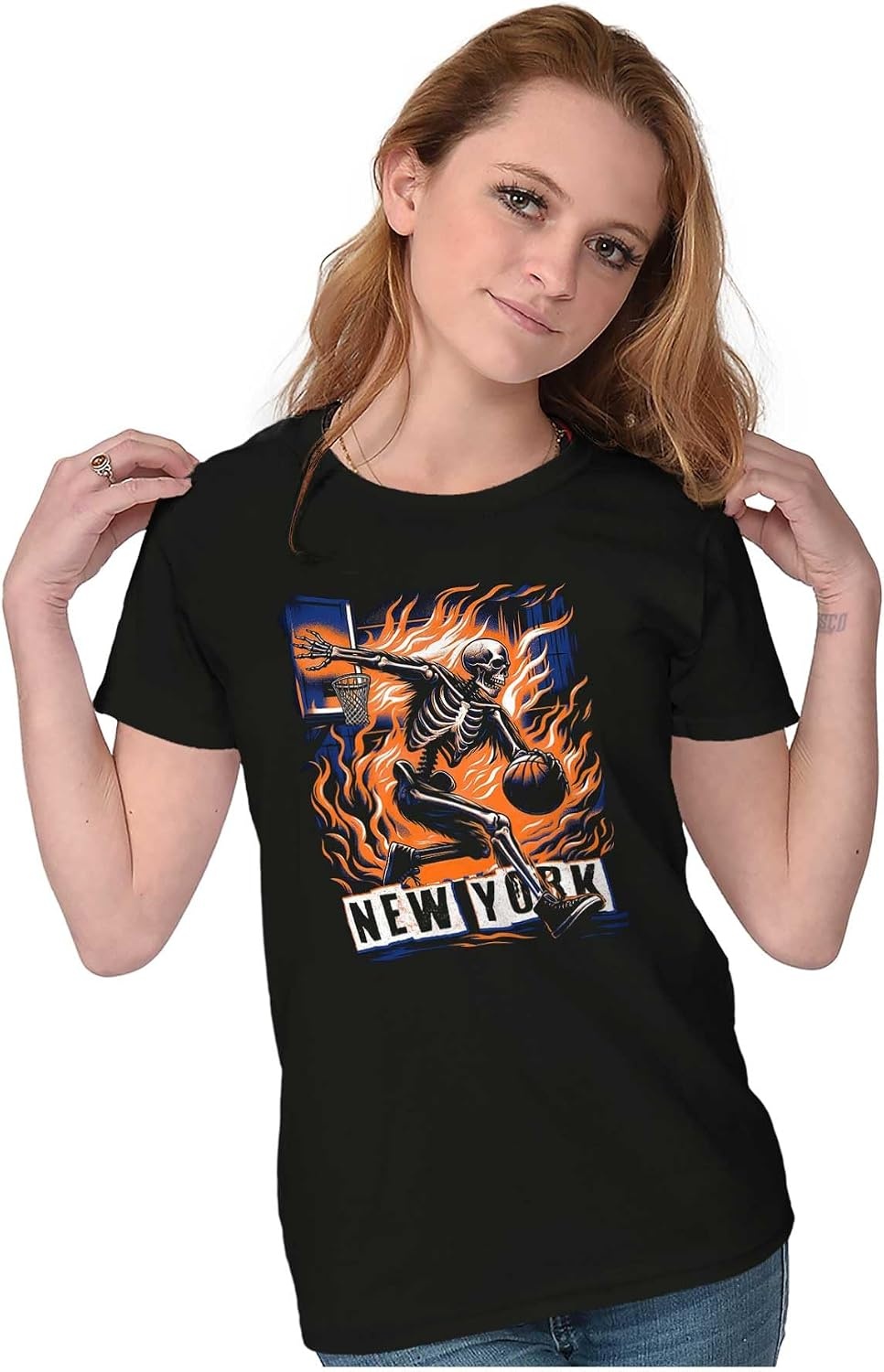 image:imageHome Town Skeleton Basketball Player Womens Slim Fit Graphic TeeBlack New York