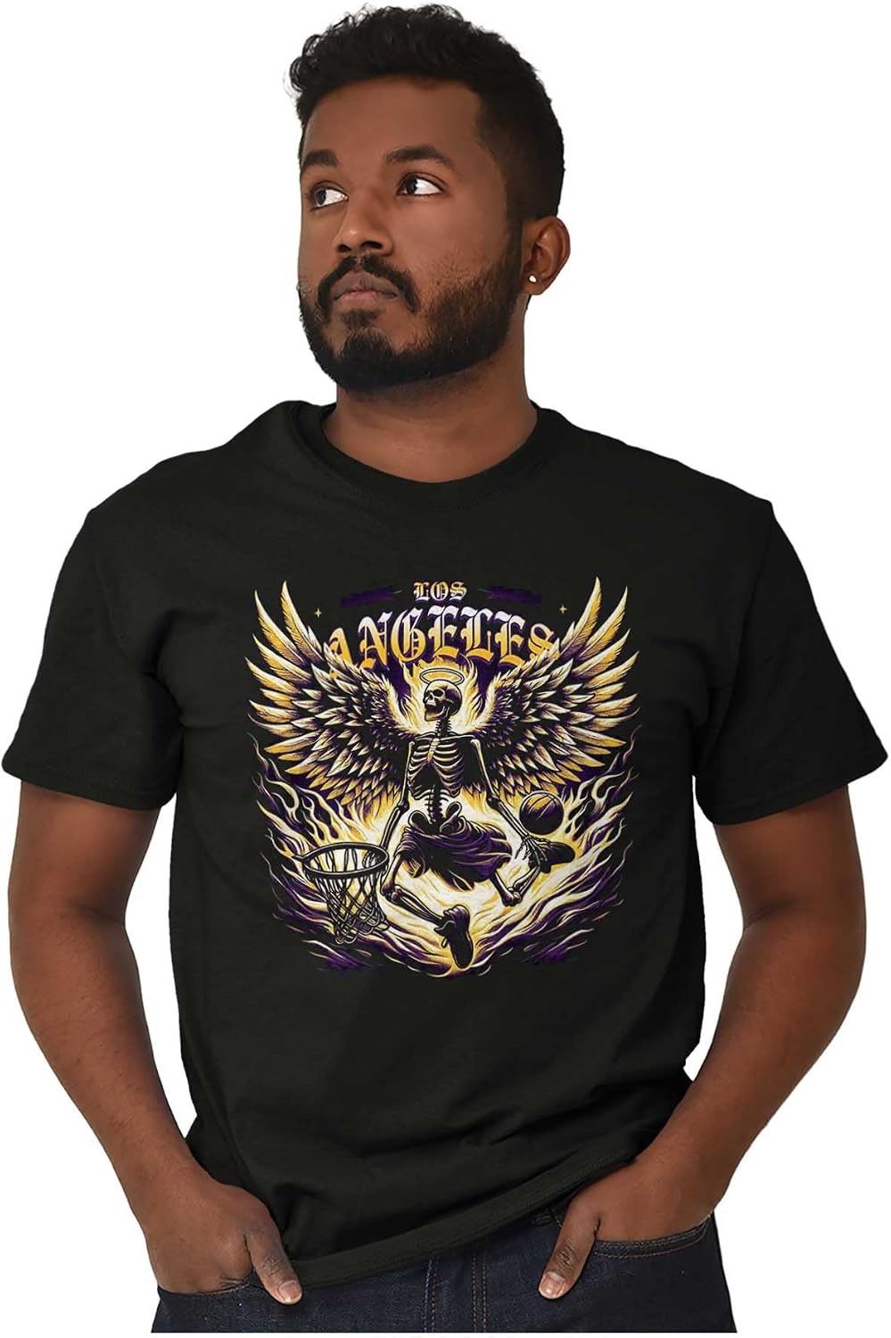 image:imageLos Angeles Skeleton Basketball Player Graphic T Shirt Men or WomenBlack Heavenly Dunk