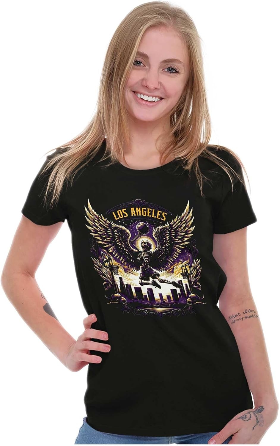 image:imageLos Angeles Skeleton Basketball Player Womens Slim Fit Graphic TeeBlack Slam Dunk