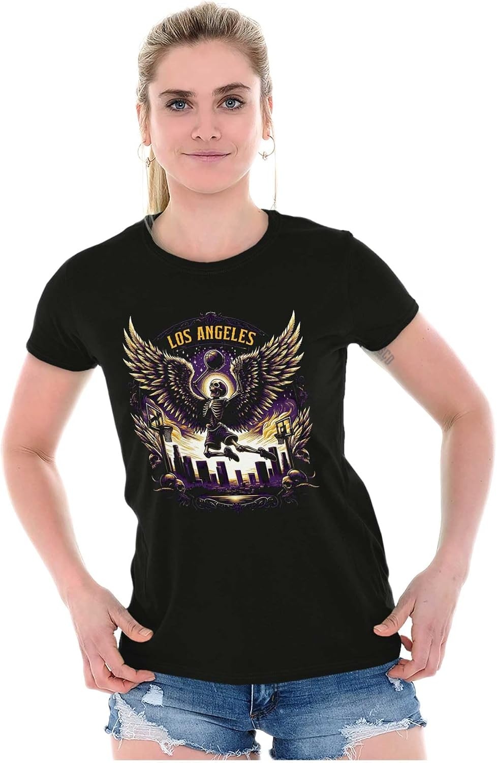 image:imageLos Angeles Skeleton Basketball Player Womens Slim Fit Graphic TeeBlack Slam Dunk