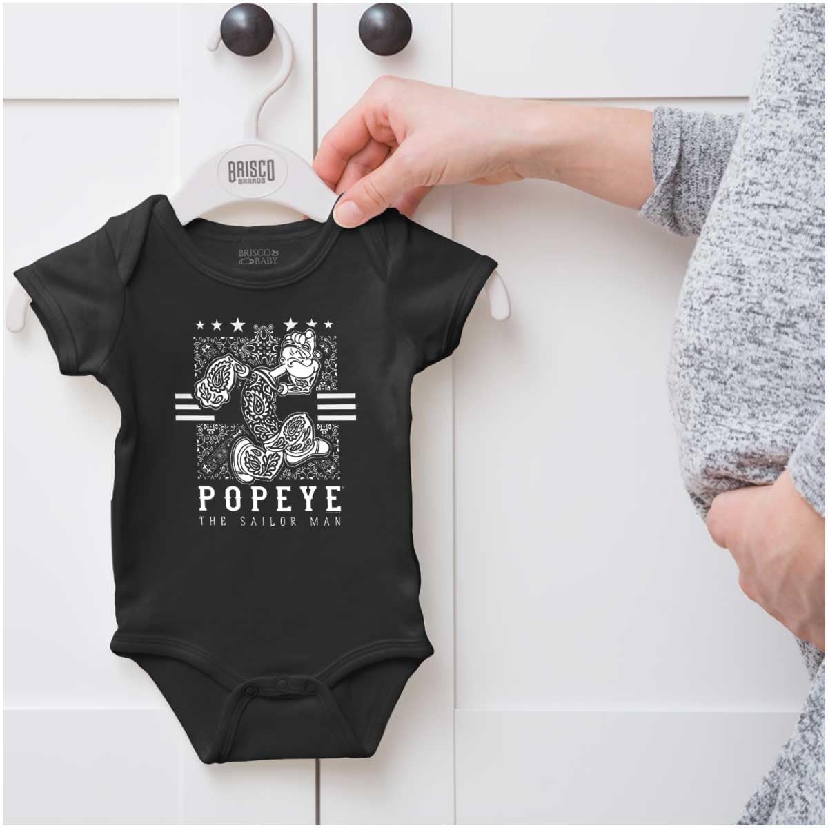 image:imagePopeye Cartoon Paisley Bandana Pattern Baby Romper Boys or GirlsBlack Paisley Popeye
