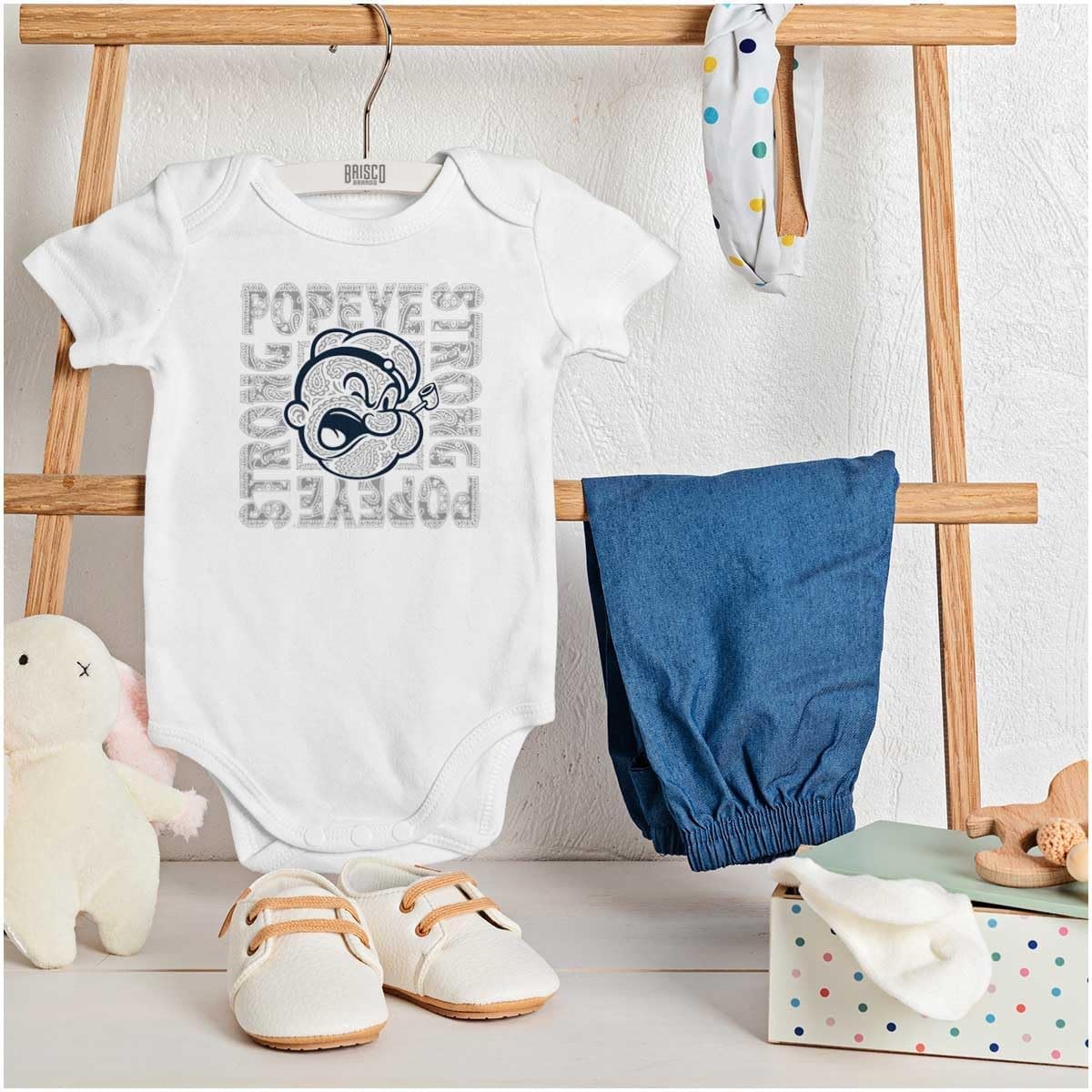 image:imagePopeye Cartoon Paisley Bandana Pattern Baby Romper Boys or GirlsWhite Popeye Strong