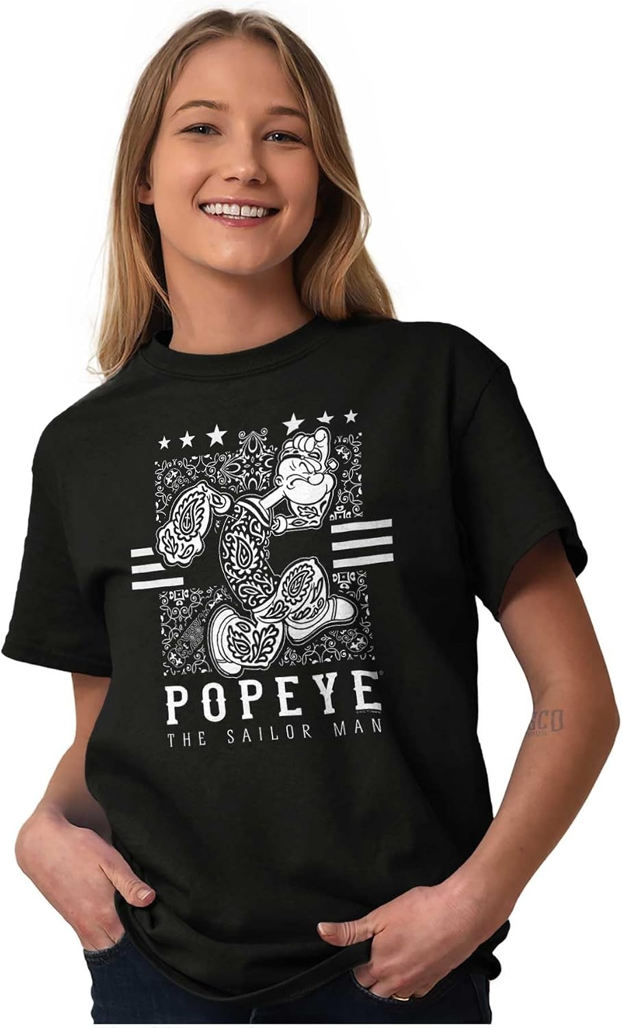 image:imagePopeye Cartoon Paisley Bandana Pattern Graphic T Shirt Men or WomenBlack Paisley Popeye
