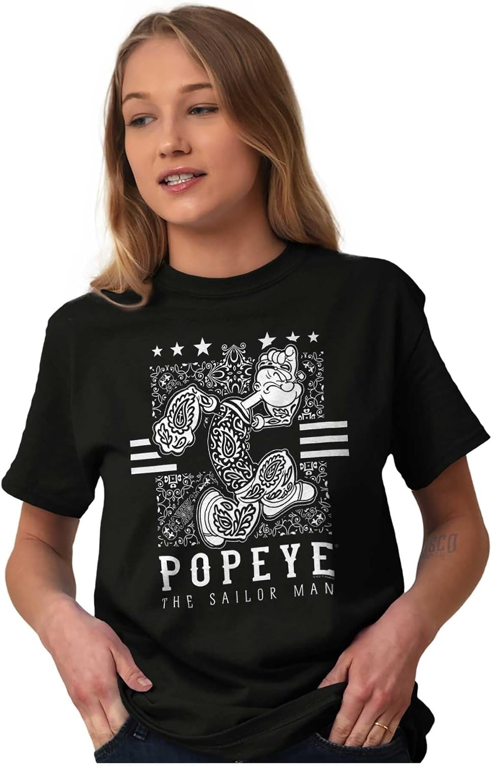 image:imagePopeye Cartoon Paisley Bandana Pattern Graphic T Shirt Men or WomenBlack Paisley Popeye